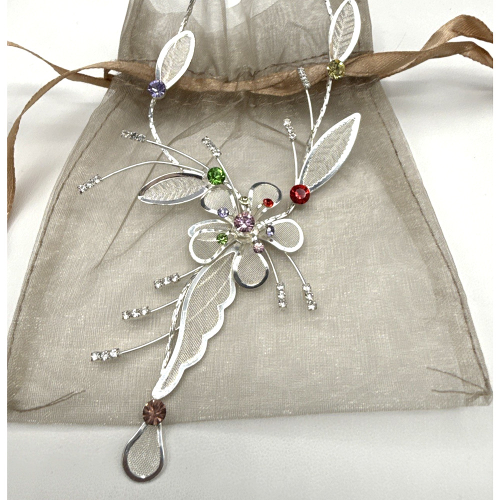 Floral Necklace 18in Multicolor Crystal Flower Silver Tone Mesh Leaves Fairycore